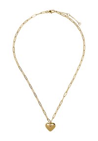 Naszyjnik z łańcuszkiem w złotym kolorze, z wydłużonymi ogniwami i zawieszką w kształcie serca, o gładkiej fakturze i regulowanym zapięciu.