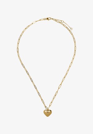 Naszyjnik z łańcuszkiem w złotym kolorze, z wydłużonymi ogniwami i zawieszką w kształcie serca, o gładkiej fakturze i regulowanym zapięciu.