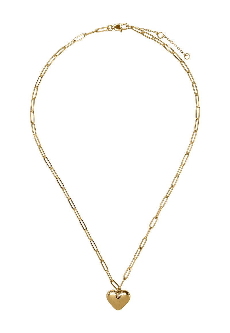 Naszyjnik z łańcuszkiem w złotym kolorze, z wydłużonymi ogniwami i zawieszką w kształcie serca, o gładkiej fakturze i regulowanym zapięciu.