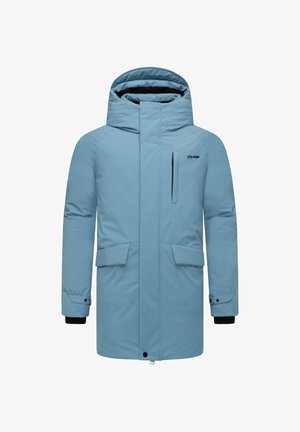 Hele sinine isoleeritud jope kõrge kraega, lukuga tasku, kaks esistaskut ja elastsed mansetid. Sile materjal, minimaalne disain.