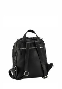 Black leather backpack with a textured surface, multiple zippered compartments, and adjustable straps for versatile carrying options.