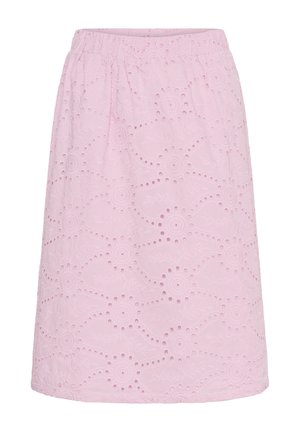 Jupe en tissu rose avec une taille élastique, ornée de motifs floraux découpés et d'une finition légère et texturée.