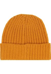 Yellow knitted beanie hat featuring a ribbed texture with a folded cuff, made from soft yarn for warmth and comfort.