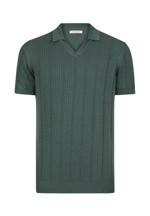 Suéter de cuello en V de manga corta en color verde oscuro. Confeccionado en un tejido de punto texturizado con patrones verticales. Corte casual con bordes acanalados.