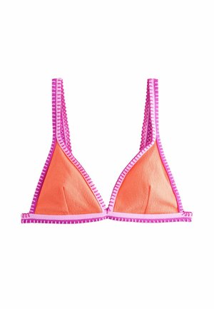 Triangle bikini top in coral fabric with pink and purple stitched trim, displayed flat on a white background.