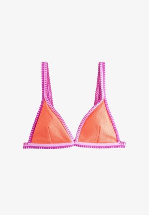 Triangle bikini top in coral fabric with pink and purple stitched trim, displayed flat on a white background.