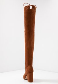 Botte haute en daim marron au-dessus du genou, avec talon bloc et fermeture arrière à nouer, présentée sur fond blanc.