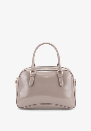 Sac à main taupe brillant avec double poignées, fermeture éclair supérieure et ferrures dorées, marqué "DIANA&CO Firenze" au centre avant.