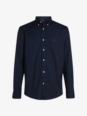 Camicia button-down blu navale in cotone con colletto classico, maniche lunghe e bottoni bianchi. Presenta un piccolo logo sul petto.