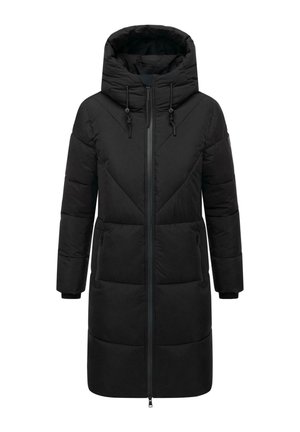 Sort polstret jakke med hætte, med en frontlynlås, to sidelommer og et chevronmønster på torsoen for ekstra struktur.