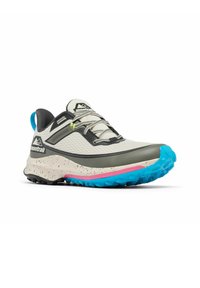 Trailrunning-Schuh mit einem hellgrauen Mesh-Obermaterial, schwarzen Akzenten, einer pinken und blauen Zwischensohle sowie einer strukturierten Gummisohle für besseren Halt.