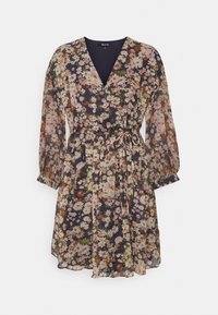 Kukkakuvioinen mekko, jossa on syvä v-pääntie, pitkät hihat, nyljetty vyötärö solmimisella ja yhdistelmä tummansinistä, vaaleanpunaista ja vihreää väriä.