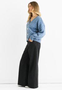 Light blue cardigan with a textured pattern and white polka dots, featuring a V-neck, large buttons, and loose sleeves, paired with wide black pants.