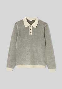 Pull en maille avec un col crème clair et trois boutons marron, présentant un motif texturé en noir et crème.