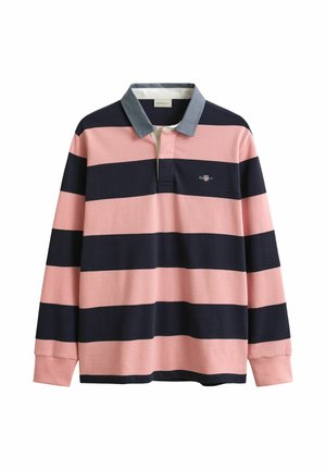 Rugbyshirt met lange mouwen, brede horizontale roze en marineblauwe strepen en een grijze kraag, voorzien van een klein logo op de borst.