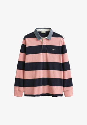 Rugbyshirt met lange mouwen, brede horizontale roze en marineblauwe strepen en een grijze kraag, voorzien van een klein logo op de borst.
