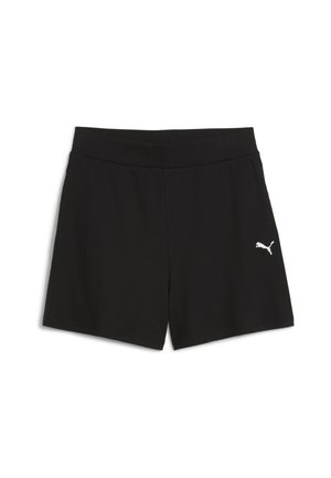 Svarta shorts tillverkade av ribbat tyg, med en bred elastisk midjeband och en liten vit Puma-logotyp på nedre vänstra sidan.