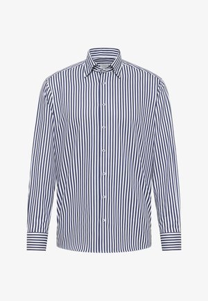 Koszula zapinana na guziki w pionowe niebieskie i białe paski, z długimi rękawami, klasycznym kołnierzykiem i mankietami na jeden guzik. Wykonana z bawełny.