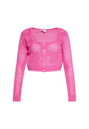 Rozā adīta jakas ar garām piedurknēm, kvadrātveida dekoltē, pogu aizdari un teksturētu atvērtu acu rakstu. Īss dizains ar pinumu apakšmalā.