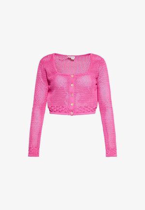 Rózsaszín kötött kardigán hosszú ujjakkal, négyzet alakú nyakkivágással, gombos elülső résszel és texturált nyitott hálós mintázattal. Cropped fazon, fonott szegéllyel.