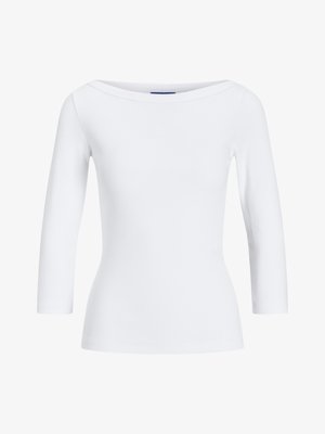 Witte geribbelde longsleeve top met een bootnek. De stof is soepel, aansluitend en heeft een nette afwerking bij de mouwen en de zoom.