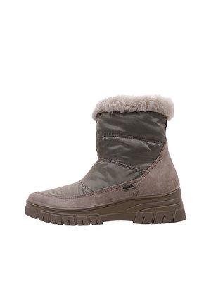 Bota de invierno de altura media con suela de ante marrón, parte superior de tela acolchada color oliva y puño de piel sintética beige, diseñada para clima frío.