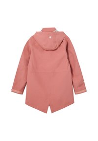 Roze waterdichte jas met capuchon, met een subtiele logo op de achterkant, lange mouwen en een rechte zoom met zijsplitten.