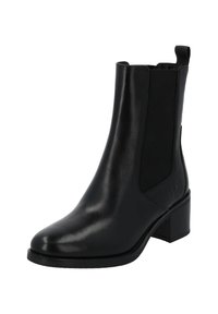 Black leather ankle boot with elastic side panels, rounded toe, and a stacked heel. Features a logo detail on the side. Smooth texture.