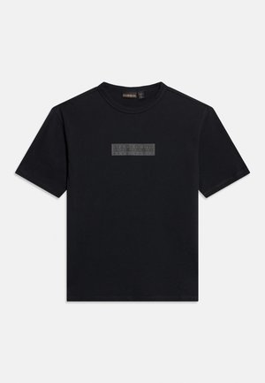 Black short-sleeve crew neck t-shirt with a centered rectangular logo patch reading "Napapijri Geographic" on the chest.