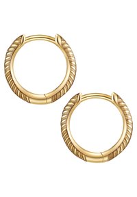 Guldtonade hoopsörhängen med en tvinnad reptextur och en slät rund design, med detaljer vid stängningen för extra finesse.