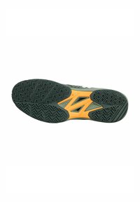 Shoe sole featuring a textured black pattern with herringbone design, highlighted by an orange mid-section and green accents.
