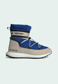 Moon Boot med en blå textilöverdel, grå gummidetaljer och en vit mellansula. Inkluderar snörningssystem och strukturerad svart sula.