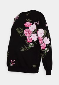 Sudadera negra de manga larga con estampados florales en rosa y blanco y hojas verdes en la parte frontal, las mangas y el dobladillo.