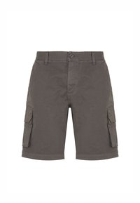 Pantaloni cargo in tessuto grigio scuro, dotati di due tasche laterali e chiusura con bottone. Il materiale sembra resistente e ha una texture liscia.