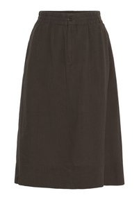 Jupe midi en lin marron foncé avec une taille élastique, fermeture à boutons et coutures latérales. Texture lisse avec une coupe décontractée et droite.
