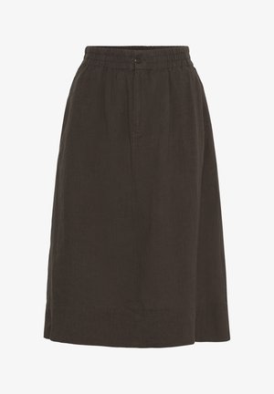 Dunkelbrauner Leinen-Midirock mit elastischem Taillenbund, Knopfverschluss und seitlichen Nähten. Glatte Textur mit entspannter Passform und geradem Schnitt.