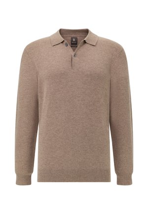 Brauner Strick-Polo-Pullover mit langen Ärmeln, Dreiknopf-Leiste, gerippten Bündchen und Saum, aus weichem, strukturiertem Stoff gefertigt.