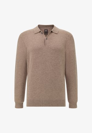 Maglione polo a maglia marrone con maniche lunghe, apertura con tre bottoni, polsini e orlo a coste, realizzato in un morbido tessuto testurizzato.