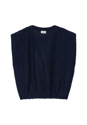 Blouse sans manches bleu marine avec motif en dentelle florale, encolure ronde et ourlet élastique froncé, étiquetée "s.Oliver."