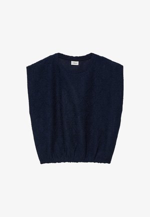 Marineblaue ärmellose Bluse mit floraler Spitzenmusterung, rundem Ausschnitt und gerafftem elastischem Saum, mit dem Etikett "s.Oliver."