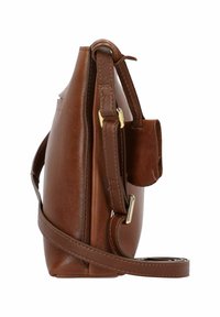 Borsa a mano in pelle marrone con un design strutturato, profilo snello, tracolla regolabile e dettagli in metallo dorato.