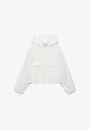 Jachetă albă cu glugă, fermoar complet în față, mâneci lungi cu manșete elastice și detalii cu șnur la tiv și glugă.