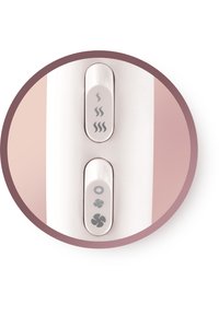 Kontrollpanelet til en enhet med to knapper: en grå knapp med tre bølgede linjer og en hvit knapp med et sirkulært og vifteikon.