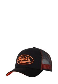 Casquette noire avec un bord arrondi, dos en maille et logo orange avec l'inscription "Von Dutch California". Présente des coutures et des accents orange.