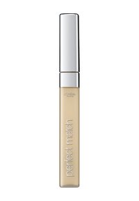 L'Oréal Paris Perfect Match concealer i en genomskinlig tub med ett silverlock. Ljusbeige formula. Texten skriver "perfect match" i vitt.