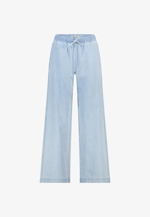 Pantalon en jean bleu clair à jambes larges, avec taille élastique et fermeture à cordon, présenté à plat sur un fond blanc.