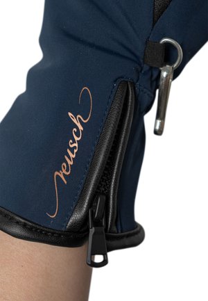 Navy blue waterproof glove with black trim, featuring a zipper and a copper-colored logo. Smooth texture and durable fabric.