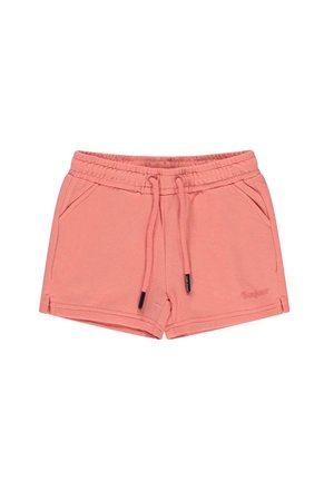 Roze katoenen shorts met een elastische tailleband, trekkoord en twee zijzakken. Heeft een kleine "Bonjour" tekstdetail aan de voorkant.
