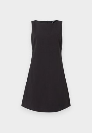 Vestido preto sem mangas com decote redondo e silhueta evasê. Feito de tecido suave com fecho éclair oculto nas costas.