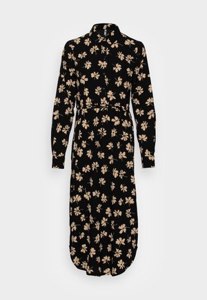 Zwarte midi-jurk met lange mouwen, beige bloemenprint, knopen voorop, kraag en een ceintuur om de taille te strikken.